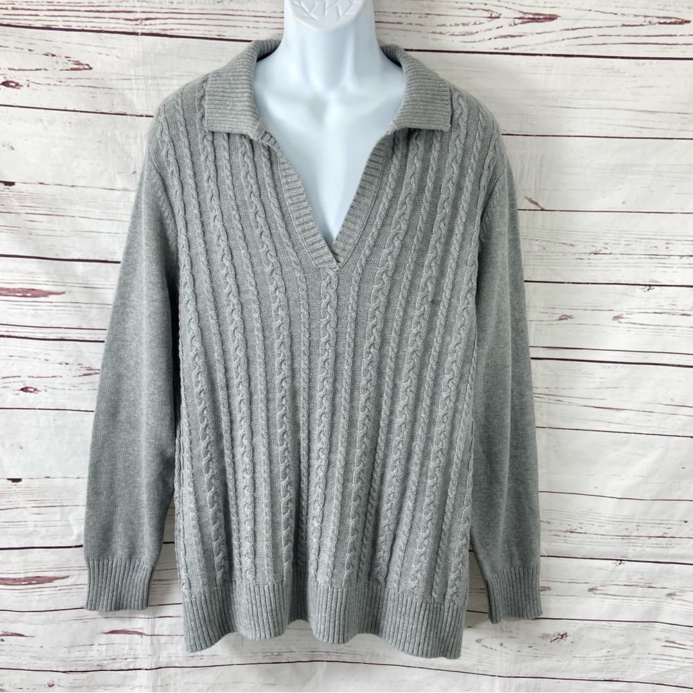 Talbots Sweater Women’s 3X Gray  Long Sleeves‎ Collared Cable Knit V-Neck